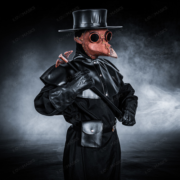 Plague Doctor with Bird Beak Mask & Flat Hat Full Costume Set - Brown